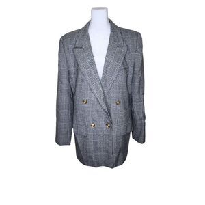 Vintage 80s Windowpane Check Double Breasted Boxy Blazer Womens Size 10 Black Wo